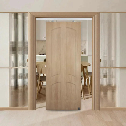 Pocket Door Hardware And Track Kit With 72 Inch Aluminum Box Rail For 24 To 36 Inch Wide Single Door Commercial Grade Rust Resistant Construction Smooth Operation With Nylon Rollers Easy To Install Heavy Duty Sliding System installed in room