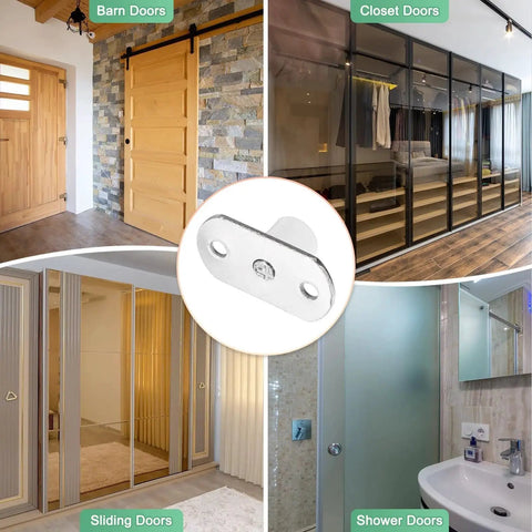 Two Pack Sliding Roller Guides For Barn Doors And Closet Doors, 4mm Diameter White Floor Guides, Durable Drawer Slide And Door Stopper Hardware For Cabinets, Doors, Wardrobes And Shower Enclosures, Versatile Multipurpose Door Guide System, shown installed on barn, closet, sliding, and shower doors.