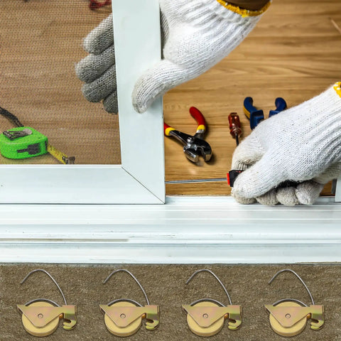4-Pack Sliding Screen Door Rollers For KDEX20 Series KD Screen Doors Compatibility, Durable 1-1/4 Inch Steel Ball Bearing Tension Wheels For Ultra Smooth Glide And Easy Replacement In Home Improvement installed in door frame with tools nearby.