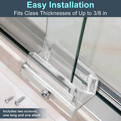 Bottom Guide For Sliding Shower Doors With 3/8 Inch Channel Fits Glass Up To 3/8 Inch Thick Top Hung Track Durable Plastic Guide Pack Of 2 Includes 2 Inch Bottom Track For Easy Alignment And Smooth Quiet Sliding, shown installed with screws on glass door.