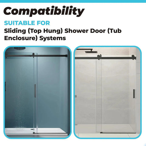 Bottom Guide For Sliding Shower Doors Top Hung Tub Enclosures shown in different bathroom settings, black frames