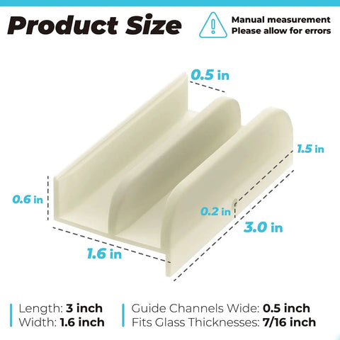Bottom Guide For Sliding Shower Doors Top Hung Tub Enclosures, Fits Half Inch Channel Glass Doors, showing product dimensions