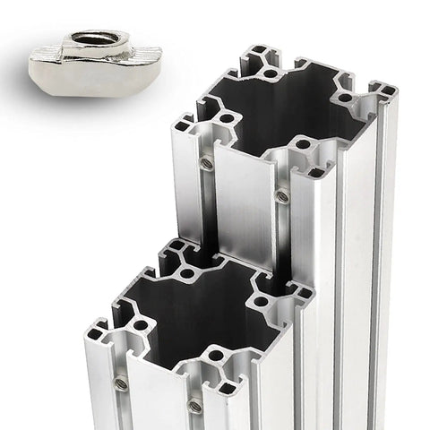 Beefy Heavy Duty Sliding T Nuts for 4040 Aluminum Extrusion M8 Thread Hammer Head T Nut 50 Pcs shown with aluminum profiles.