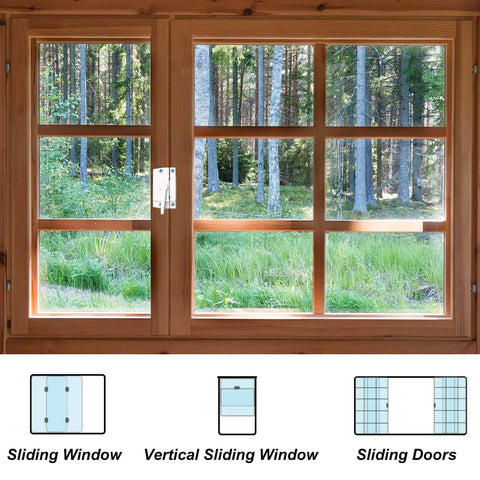 Cam Action Window Sash Locks And Keeper Set for double hung and sliding windows, white latch security on wood frame window.