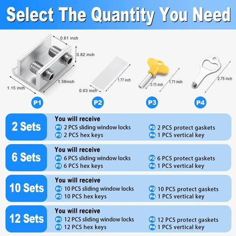 Infographic showing quantities and contents of Two Pack Sliding Window Locks With Keyed Security, including lock, keys, and gaskets.