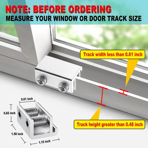 Sliding Window Locks Set Of 4 With Keys, Adjustable Aluminum Window Stops showing installation on a window track, silver color