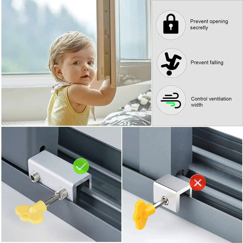 Child proofing with four sets sliding window locks with key for vertical and horizontal sliding windows, showing usage and security features.