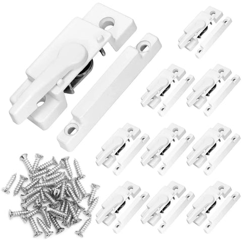 10 Pack Sliding Window Sash Locks Cam Action White For Vertical And Horizontal Sliding Windows Double Hung Window Sash Lock Set Left Or Right Opening Enhances Security And Prevents Forced Entry, zinc alloy, side view with screws