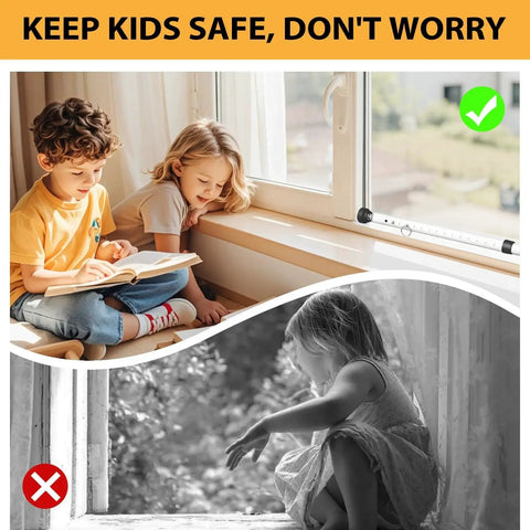 Adjustable Sliding Door Security Bar With Rubber Tips 18.5 To 51 Inches White installed on window to keep kids safe