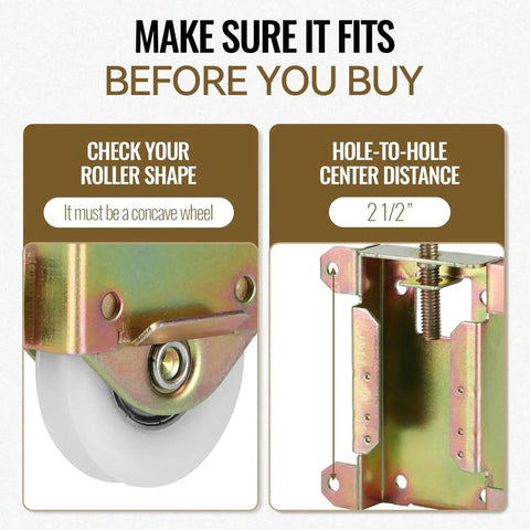 Sliding Mirror Door Rollers Replacement For Wood Framed Doors One And A Half Inch Nylon Concave Ball Bearing Wheel Two And A Half Inch Mounting Hole Height Two Pack Compatible With N 6870 Delivers Smooth Glide And Quiet Operation image showing concave roller and mounting bracket dimensions