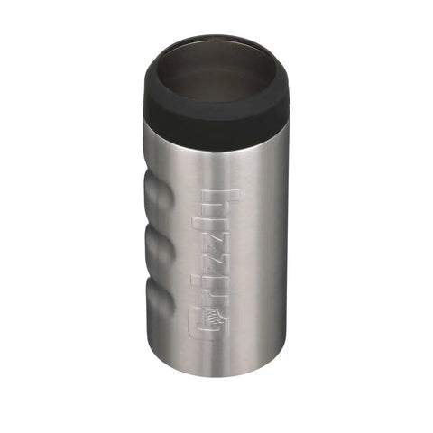 Grip Slim Can Cooler for 12 Oz Slim Energy and Seltzer Cans Vacuum Insulated Stainless Steel, brushed finish cooler with black rim, front angle