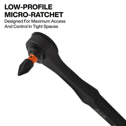 Slim Micro-Ratchet ProFlex Impact Driver Bit Set for Tight Spots, 20-Piece S2 Steel With Magnetic Bit Holder by Klein Tools, low-profile ratchet close-up.