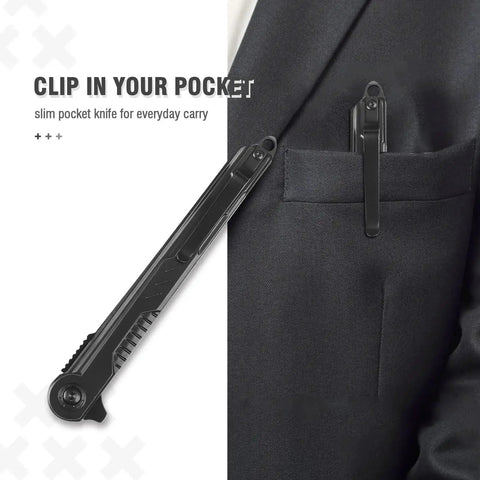 EDC Pocket Knife With 7CR13Mov Steel Tanto Blade Slim Survival Knife With Clip shown clipped onto a suit pocket