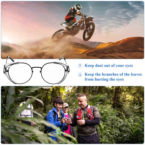 Slip On Safety Glasses Side Shields 2 Pairs Transparent Anti Slip Protectors shown in outdoor settings; dirt biking and hiking.