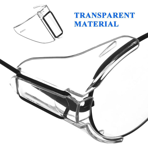 Close-up of Slip On Safety Glasses Side Shields 2 Pairs Transparent Anti Slip Protectors showing transparent material on eyeglasses.