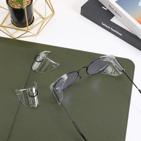 Slip On Safety Glasses Side Shields 2 Pairs Transparent Anti Slip Protectors with eyeglasses on desk