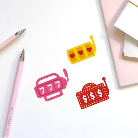 Casino Slot Machine Cutting Dies for Card Making and Scrapbooking, featuring colorful slot machine motifs on white background