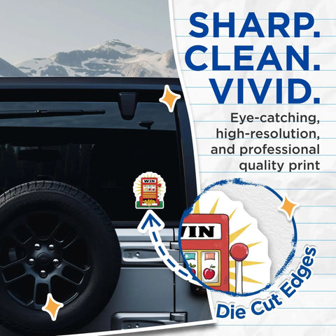 Two Pack Slot Machine Stickers With Dope Casino Theme And Winning Slot Game Vibe, 5 Inch Longest Side, Peel And Stick To Any Smooth Flat Surface, UV Protected And Fade Resistant For Indoor Or Outdoor Use, Made In USA displayed on car window