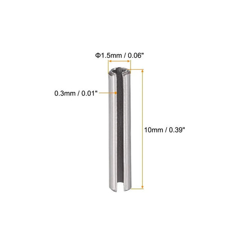 Close-up of a Slotted Spring Pin M1.5 X 10mm 304 Stainless Steel, showing dimensions and axial slotted design for quick secure positioning.
