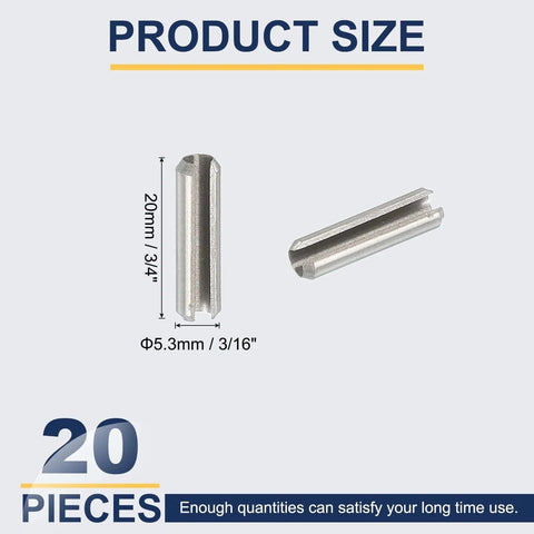 Slotted Spring Pin, 20 Pcs 3/16" x 3/4" (5.3mm x 20mm) 304 Stainless Steel Split Roll Pins Spring Dowel, product size illustration.