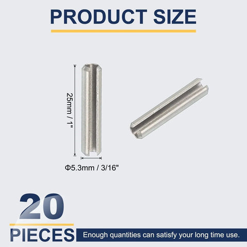 Slotted Spring Pin, 20 Pcs 3/16" x 1" (5.3mm x 25mm) 304 Stainless Steel Split Roll Pins Spring Dowel for Home Improvement Automotive Machine Repair, Silver, showing size and quantity.