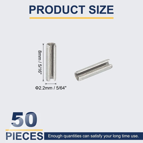 Slotted Spring Pin, 50 Pcs 5/64" x 5/16" (2.2mm x 8mm) 304 Stainless Steel Split Roll Pins shown with size in silver