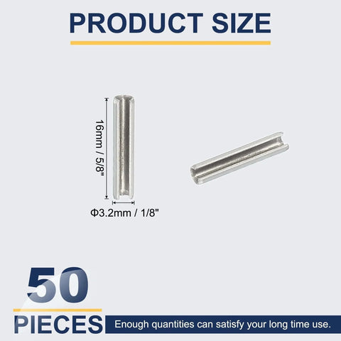 Image of Slotted Spring Pin, 50 Pcs 1/8" x 5/8" (3.2mm x 16mm) 304 Stainless Steel Split Roll Pins, showing size dimensions.