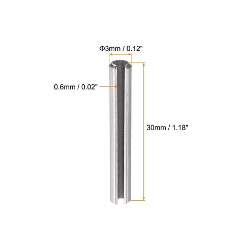 Slotted Spring Pin - M3 x 30mm 304 Stainless Steel Split Spring Roll Dowel Pins Plain Finish 20Pcs, side view with dimensions
