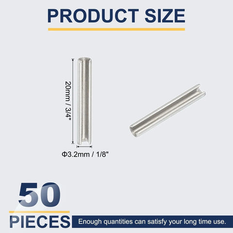 Slotted Spring Pin, 50 Pcs 1/8" x 3/4" (3.2mm x 20mm) 304 Stainless Steel Split Roll Pins Spring Dowel product size diagram