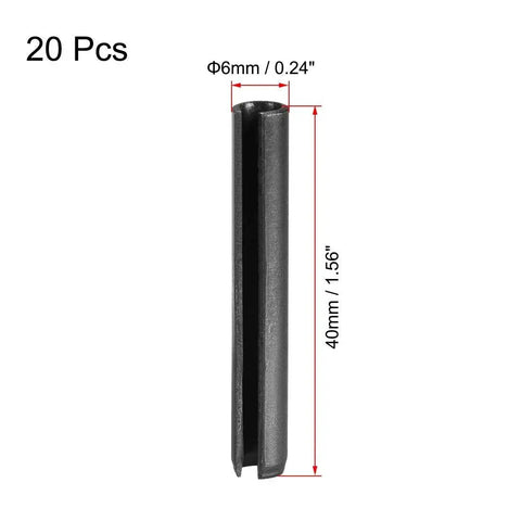 Slotted Spring Pin Set 6mm By 40mm 65Mn Plain Finish Tension Pins For Small Machine Projects, Close-up Side View, 20 Pcs