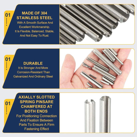 Slotted Spring Pin, 50 Pcs 5/64" x 5/16" (2.2mm x 8mm) 304 Stainless Steel Split Roll Pins with chamfered ends, close-up view