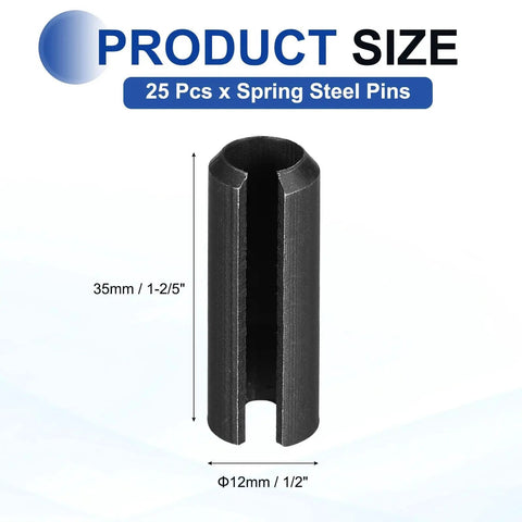 Slotted Split Roll Pins Set 25 Pieces Half Inch Diameter 12mm Length 35mm 65Mn Steel Black Finish for Fastening