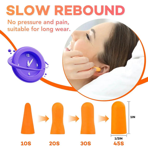 Woman inserting Noise Cancelling Ear Plugs For Sleep Snoring Studying Concerts And Travel Soft Comfortable Foam with Slow Rebound Technology