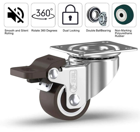 1 Inch Small Caster Wheels With Two Brakes And Screws Low Profile Silent Casters Set Of 4 For Cart And Furniture Each Up To 90 Lbs No Floor Marks Easy Mobility And Back Saving Ideal For Lightweight To Medium Heavy Equipment.