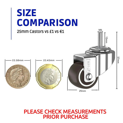 Size comparison of 1 Inch Small Caster Wheels With 2 Brakes And Screws M6x15mm against coins