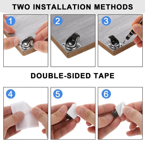 Installation process for 8Pcs 1/2 Inch Small Caster Wheels 360 Degree Swivel Casters with Ball Bearing Base and double-sided tape