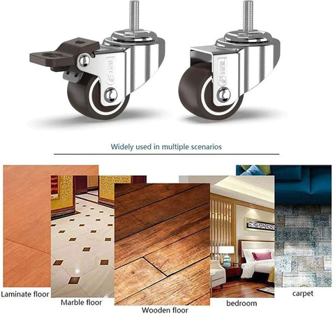 1-Inch Small Caster Wheels With 2 Brakes, Low-Profile Silent Cart Casters, 90 Lb Capacity, M8x20mm Screws Included pictured on various floors