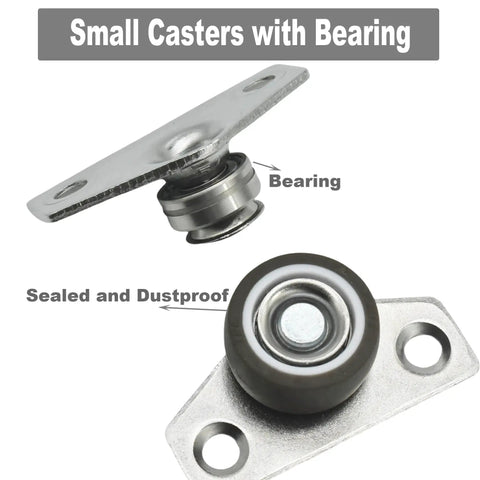Close-up of small casters with bearings, showing steel plate and sealed, dustproof design for stable, smooth movement.