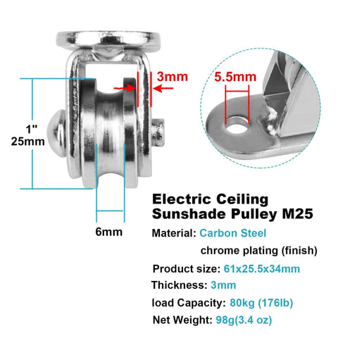 Side view of 8 Pcs 1" Small Pulley Block, Silent Pulley Wheel for 1/8" Cord, Max Load 176 lb, carbon steel with chrome finish.