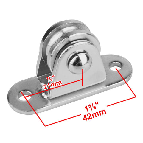 Close-up of a chrome-plated 8 Pcs 1" Small Pulley Block, Silent Pulley Wheel for 1/8" Cord, Max Load 176 lb, with measurements.