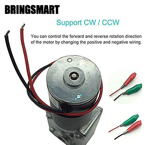 Motor with red and black wires for forward and reverse control, labeled 'BringSmart,' showing wiring setup with clips.