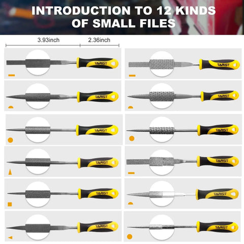 Introduction to 12 kinds of small files from the 19-Piece Metal And Wood File Set With Tool Bag Including Flat Half-Round Round Triangle Steel Files Half-Round Wood File 4-Way File And 12 Needle Files For Metal Wood Jewelry Plastics And Ceramic Work.