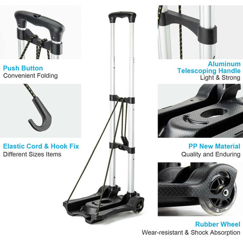Small Folding Hand Truck Dolly with 2 Wheels, Lightweight Aluminum Foldable Luggage Cart, features labeled parts for airport travel.