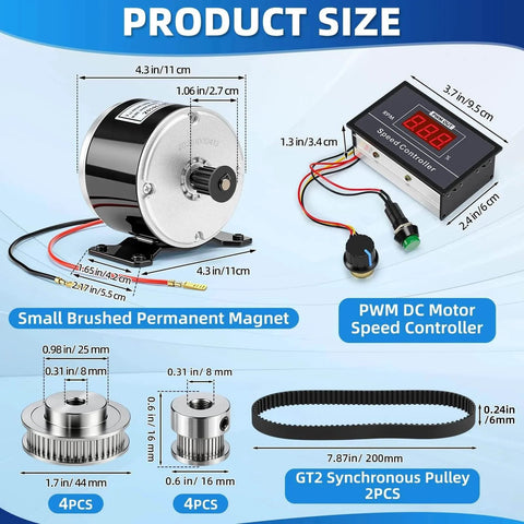 Product dimensions for 4 Pack Small Brushed Permanent Magnet Electric Motor for E Scooter Speed Control 24v 350w 3000rpm and Gt2 Pulleys 6-60v 12v 24v 36v 48v 30a PWM Dc Motor Controller 30a Switch Controller
