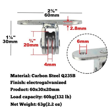 Detailed dimensions and specifications of the 8 Pcs 3/4" Small Pulley Block, Single Bearing Silent for 1/8" Cord, Max Load 132 lb.