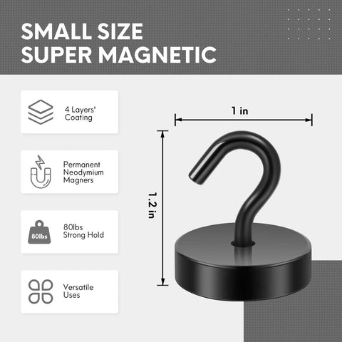 Small size super magnetic hook with 80 lbs hold, 1 inch diameter, features 4 layers coating, neodymium magnets, versatile use