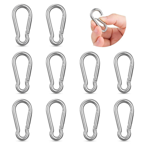 10 Pack Stainless Steel Carabiners Clips 1.57 Inch Small Spring Snap Hooks for keys and gear, shown in use and detailed view.