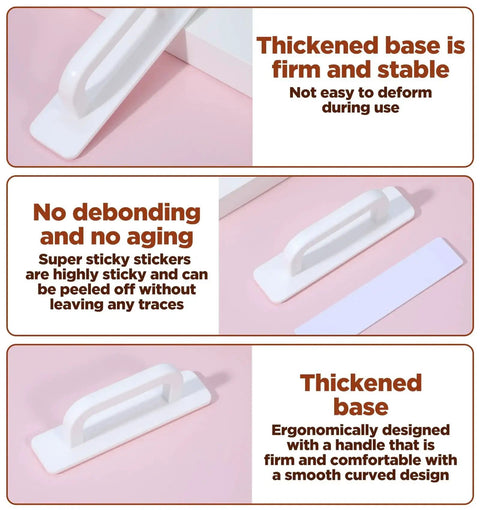 Collage showing 4 Pack Small White Plastic Handles 3.9 Inch Self Adhesive No Drill Installation; features stability, durability, and adhesive strength