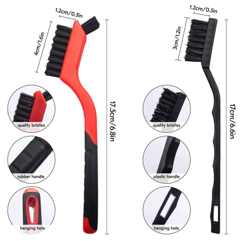Small Wire Brush Set 6Pcs, Stainless Steel/Brass/Nylon/Bristle Mini Wire Brushes, detailed view with handle and bristles measurements.