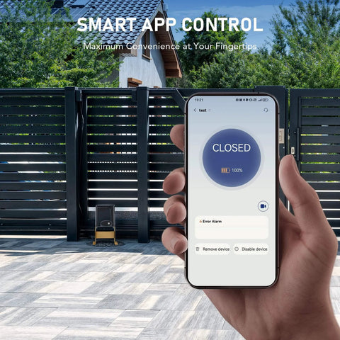 Hand holding phone with app controlling APP Smart Automatic Sliding Gate Opener Kit with 280W Motor for Driveway and Garden Gates up to 1400lb and 40ft